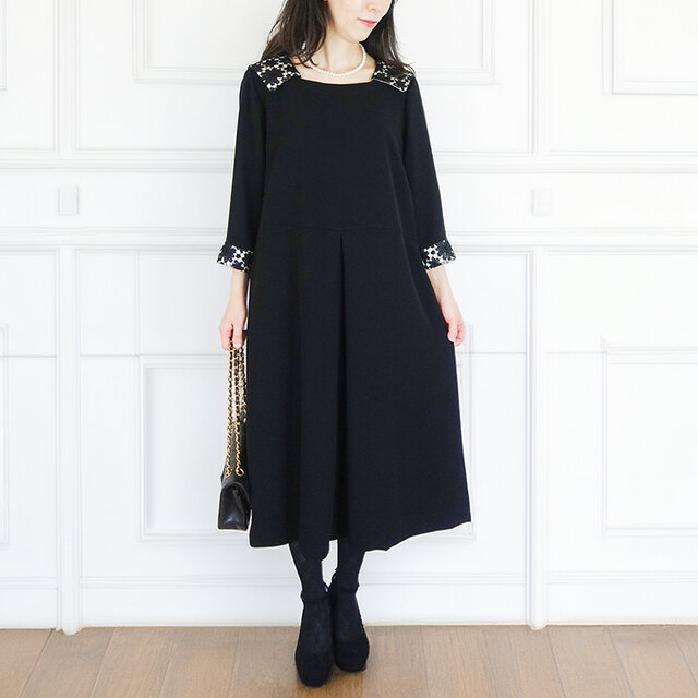 [予約販売] ブラックジョーゼットケミカルレースタックワンピース（イージーケア・裏地なし）結婚式 卒業式 卒園式 冠婚葬祭