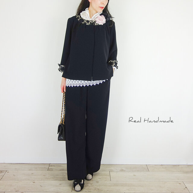 予約販売]ブラックジョーゼットワイドパンツ（セットアップになります
