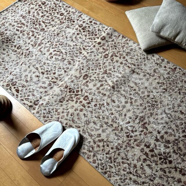 80×170 ベージュ×ブラウン　草花ボタニカル　トルコヴィンテージラグ 80×170 ベージュ×ブラウン 草花ボタニカル トルコヴィンテージ