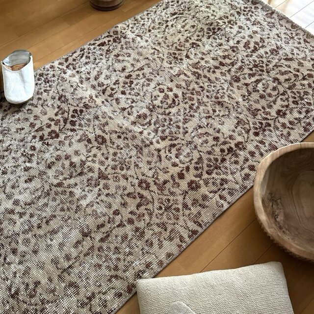 80×170 ベージュ×ブラウン　草花ボタニカル　トルコヴィンテージラグ 80×170 ベージュ×ブラウン 草花ボタニカル トルコヴィンテージ