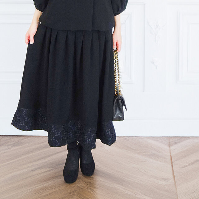 [予約販売] ブラックジョーゼットケミカルレースタックスカート（セットアップになります）（イージーケア・裏地なし）