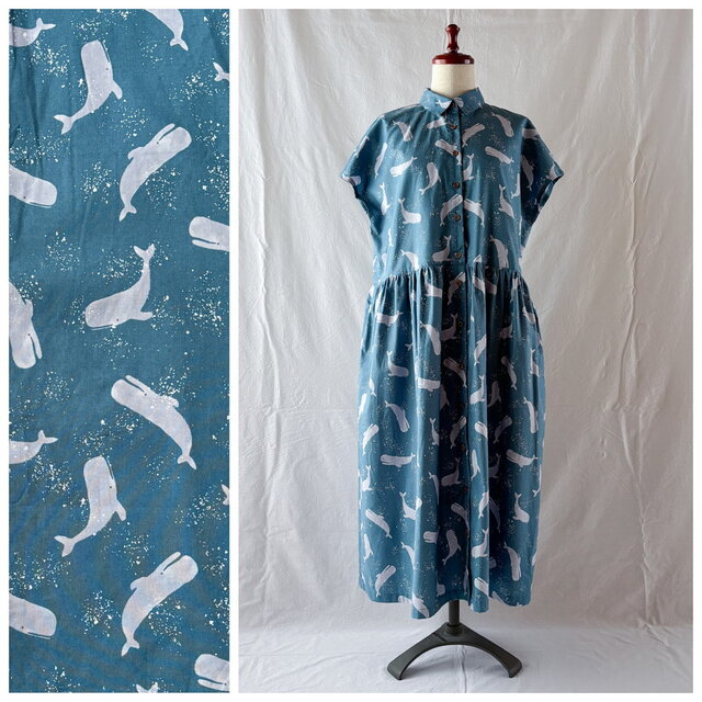 涼しく美しいアプリコットワンピース：115cm丈（星空を泳ぐクジラ：ブルー）