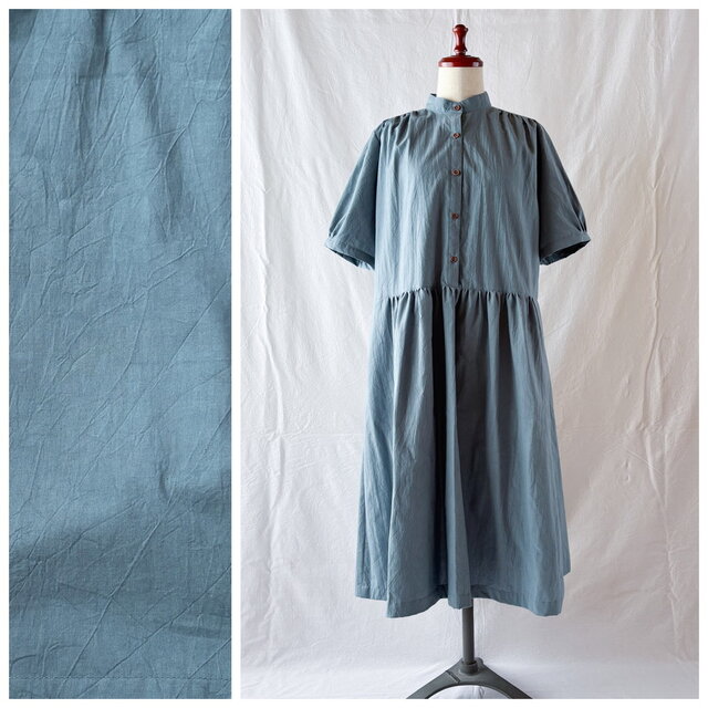 【ちいさいさん】レディのためのチェリーワンピース（5分袖）：105cm丈（シュリンクシーチング：ブルー）