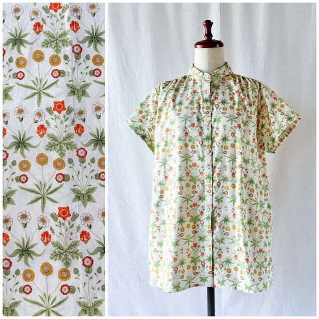 すっきり見えるギャザーブラウス：5分袖（V&Aデイジー：クリーム）