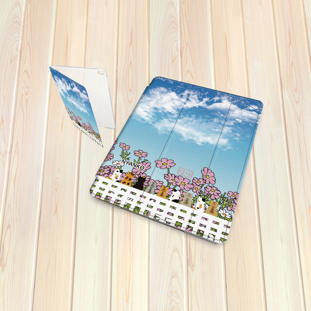 手帳型 iPadケース 【バックカバー：ハードタイプ】片面印刷/カメラ穴有【ほのぼのにゃんこ（手書き風コスモス）】