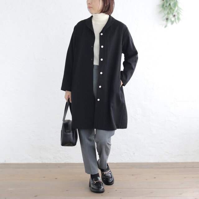 今すぐ着たい 秋の羽織り✦ 美シルエット 桐七炊きコットンリネン ショールカラーコート（ブラック）CO08