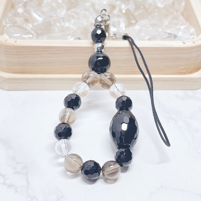 厄を払う・自己防衛の石 オニキス・スモーキークォーツ・水晶 パワーストーン 天然石 ストラップ No814S