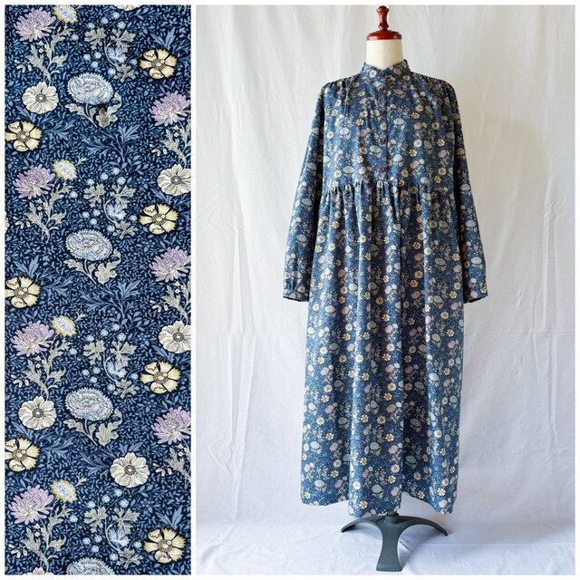 【オールシーズン】レディのためのソルダムワンピース（長袖）：115cm丈（アンティークフラワー：ネイビー）