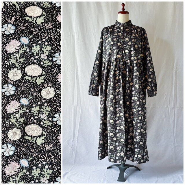 【オールシーズン】レディのためのソルダムワンピース（長袖）：115cm丈（アンティークフラワー：ブラック）