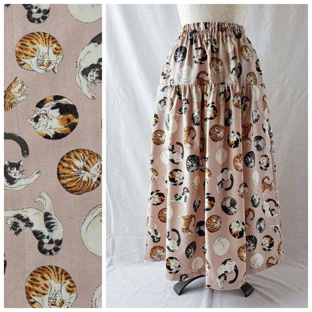 猫を愛するひとのためのティアードスカート：85cm（ニャンモナイト：ピンクベージュ）