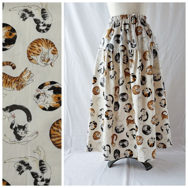 猫を愛するひとのためのティアードスカート：85cm（ニャンモナイト：エクリュ）
