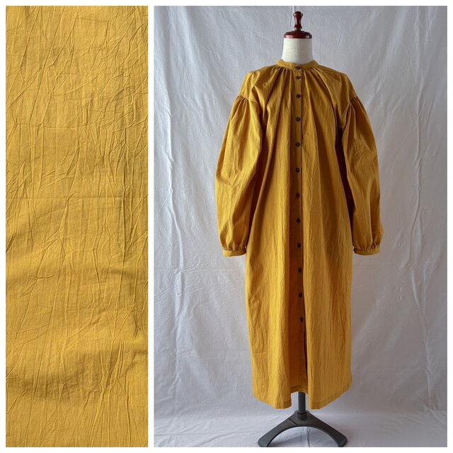 おとなのゆったりガウンワンピース：105cm（シュリンクシーチング:マスタードイエロー）