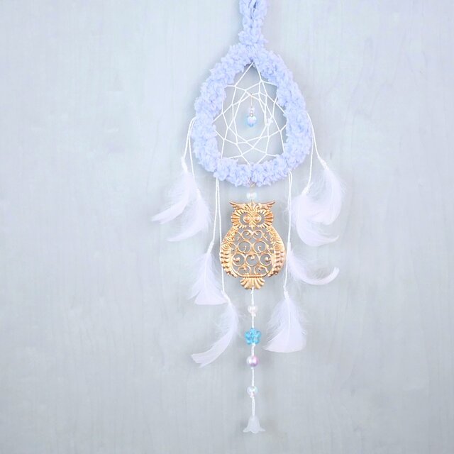 ドリームキャッチャー　フクロウ　ブルー　モコモコ　羽根　ハート　花　吊り飾り　インテリア