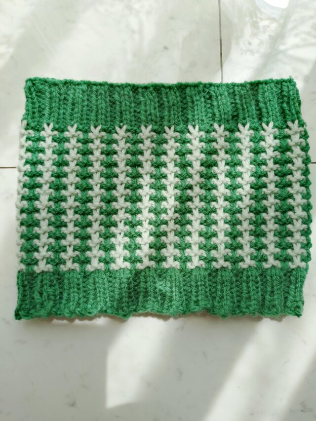 ネックウォーマー 柄 模様 緑 グリーン 棒針 輪針 手編み 編み物 編み