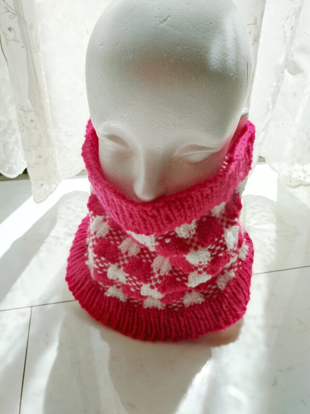 ネックウォーマー チェック 柄 模様 ブロックチェック 赤✖白 レッド✖ホワイト 手編み 編み物 編み 棒針 輪針