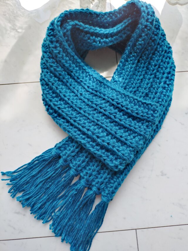 マフラー ゴム編み風 ブルー ロイヤルブルー 青 フリンジ 手編み 編み物 編み