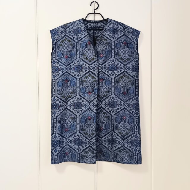 着物リメイク 村山大島紬のチュニックワンピース 亀甲に向鳥