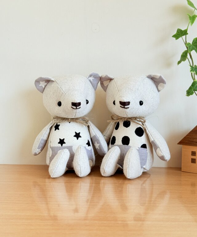 【受注制作】リネンのくまちゃんペア（スター）生成×グレー