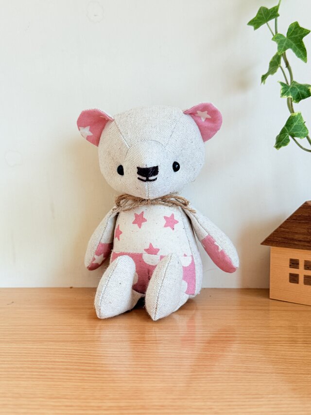ちびくま工房　シンディちゃんの向日葵のbox アンティークレース 受注制作】リネンのくまちゃんペア（スター）生成×ピンク