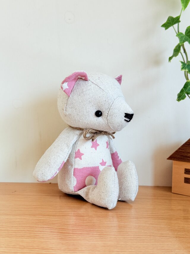 受注制作】リネンのくまちゃんペア（スター）生成×ピンク | iichi 日々