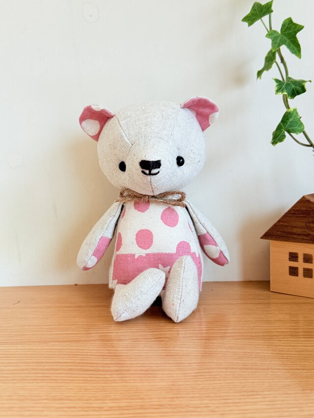 ちびくま工房　シンディちゃんの向日葵のbox アンティークレース 受注制作】リネンのくまちゃんペア（スター）生成×ピンク