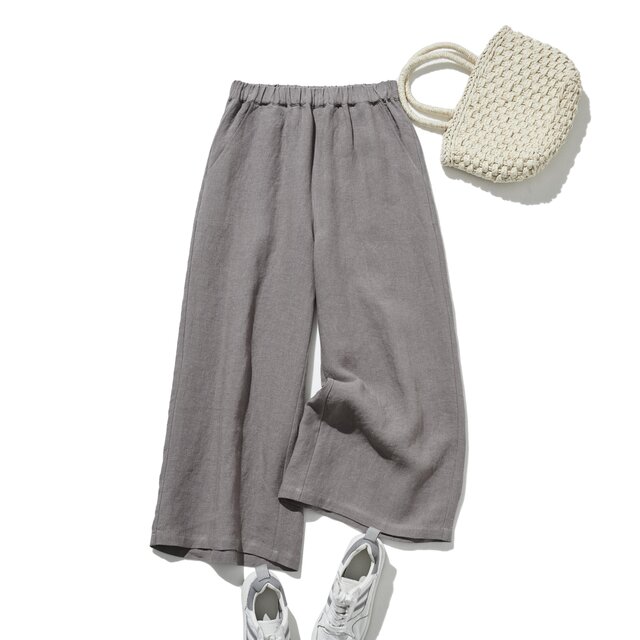 【2025新色】ウエストが楽な着やせワイドパンツ　リネンロングパンツ　秋冬にも　グレー　200907-10