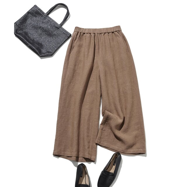 【2025新色】ウエストが楽な着やせワイドパンツ　リネンロングパンツ　秋冬にも　ブラウン　200907-11