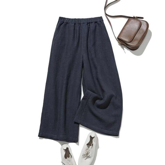 【2025新色】ウエストが楽な着やせワイドパンツ　リネンロングパンツ　秋冬にも　濃紺　200907-12