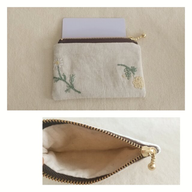 リネン混の草花刺繍小さめぺたんこポーチ | iichi 日々の暮らしを