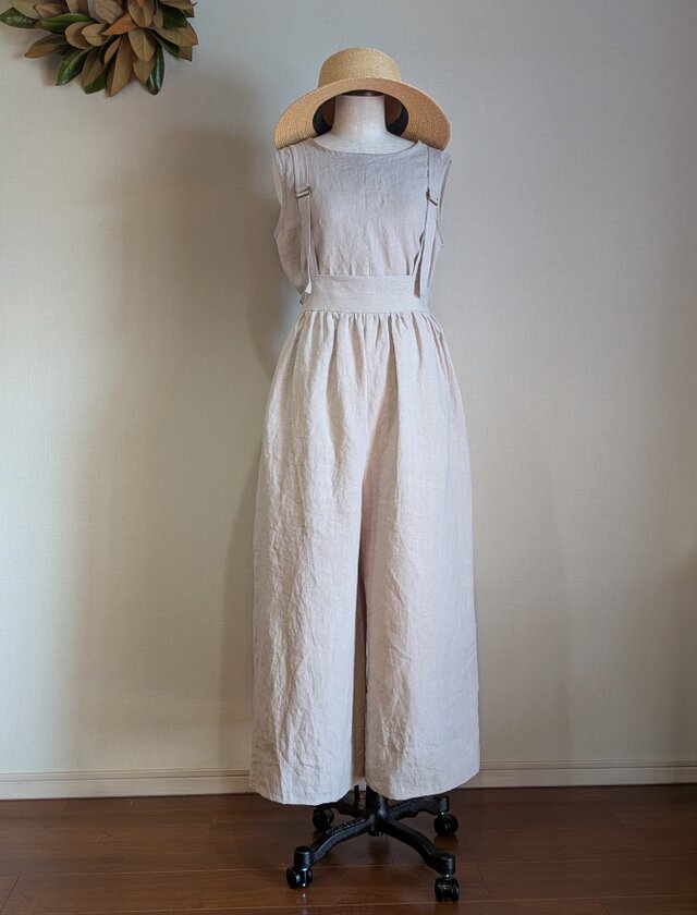 45rリネンサロペット フレンチリネン ギャザーサロペットパンツ＿グレージュ | iichi 日々の