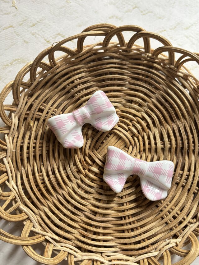 チェック　ピンク　リボン箸置き　2個