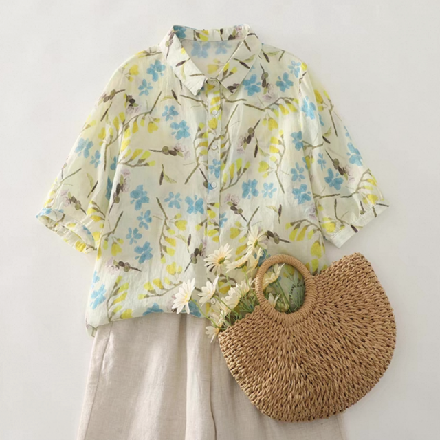 半袖、ブラウス、トップス、リネンコットン、夏、花柄