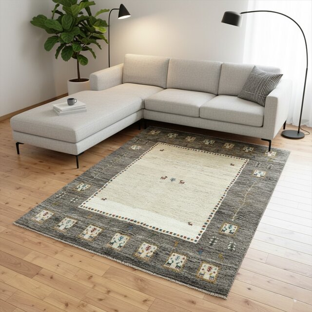 ペルシャ ギャッベ ラグ 195x153cm ベージュ グレー パネル RJ10714