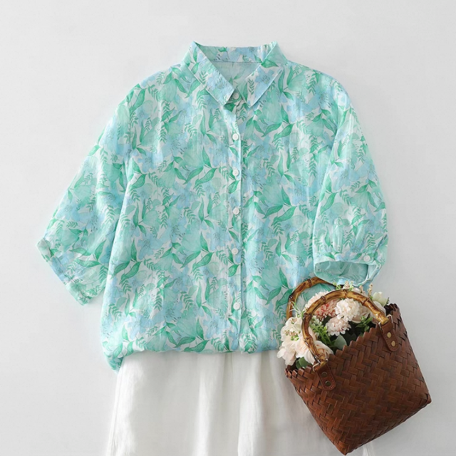 半袖、ブラウス、トップス、リネンコットン、夏、花柄