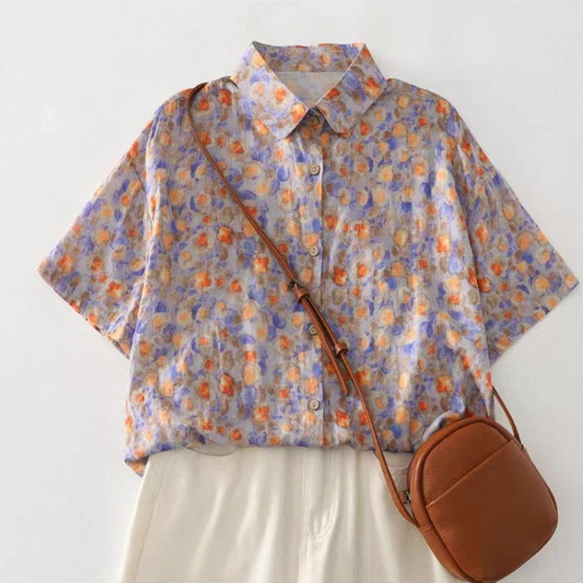 半袖、ブラウス、トップス、リネンコットン、夏、花柄