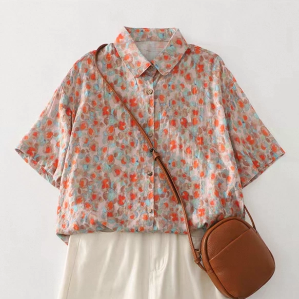 半袖、ブラウス、トップス、リネンコットン、夏、花柄