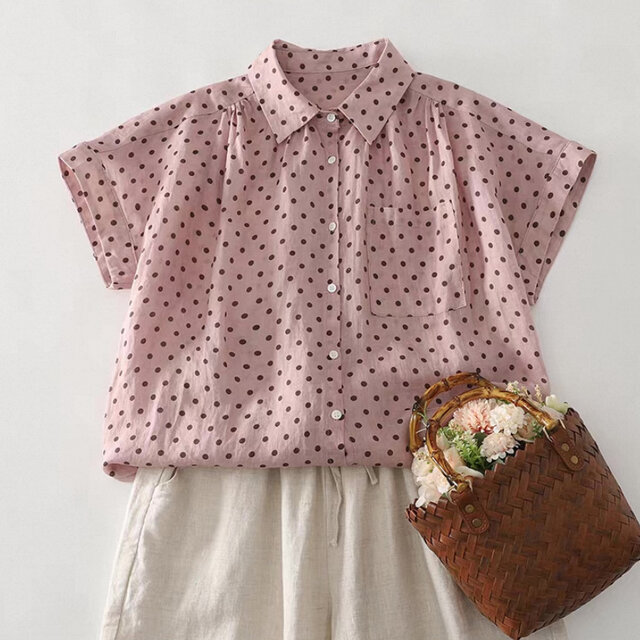ドット柄、半袖、ブラウス、トップス、リネンコットン、夏