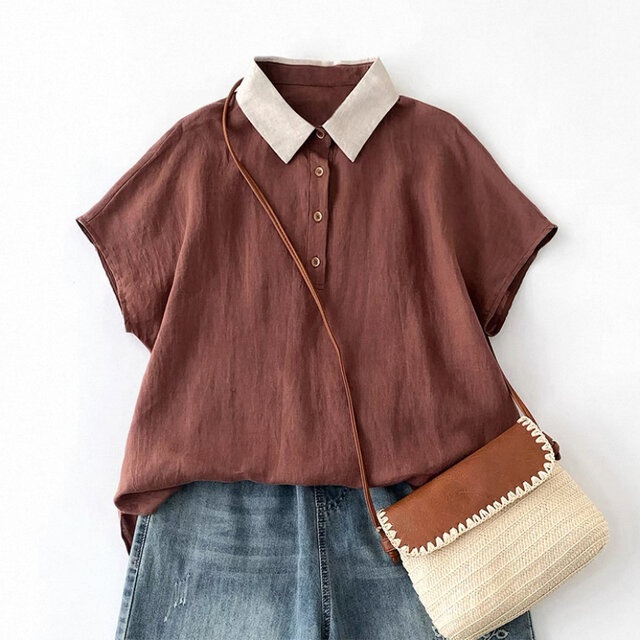 半袖、ブラウス、トップス、リネンコットン、夏