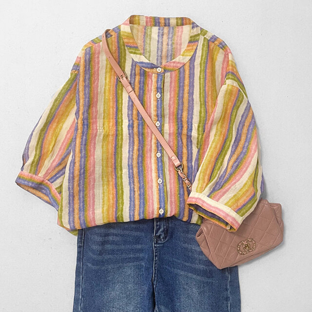 ストライプ柄、ブラウス、トップス、リネンコットン、夏、七分袖