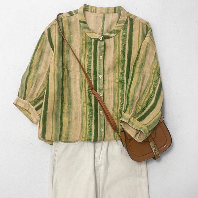 ストライプ柄、ブラウス、トップス、リネンコットン、夏、七分袖