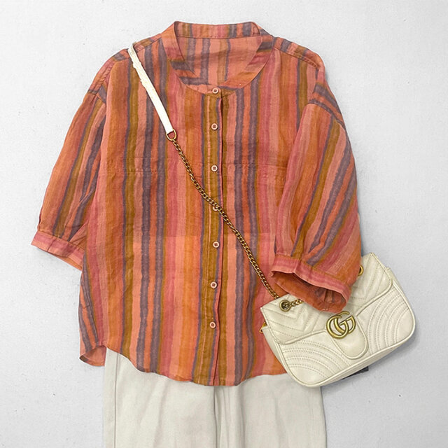 ストライプ柄、ブラウス、トップス、リネンコットン、夏、七分袖