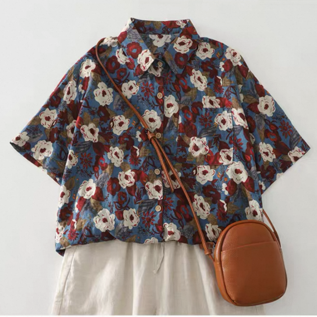 半袖、ブラウス、トップス、リネンコットン、夏、花柄