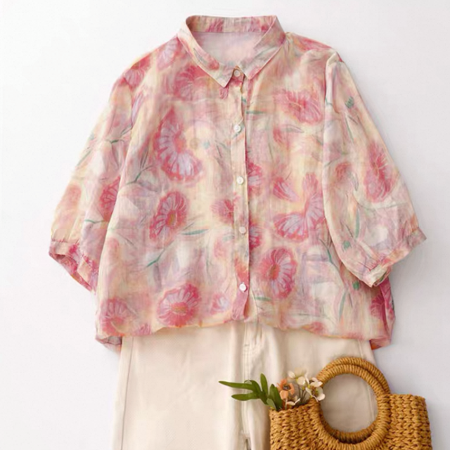 半袖、ブラウス、トップス、リネンコットン、夏、花柄