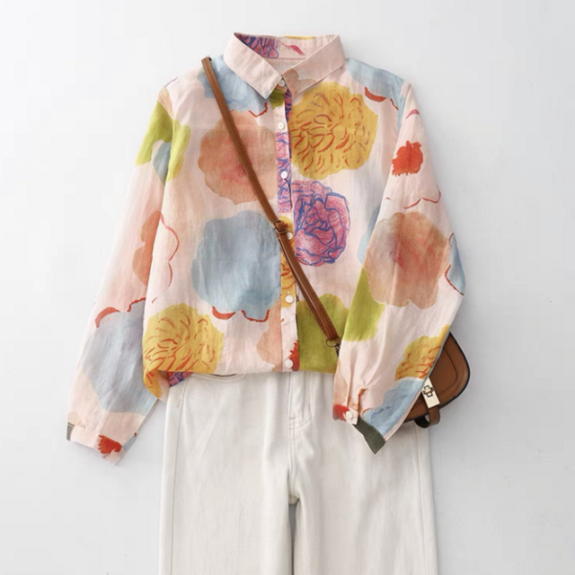 ブラウス、トップス、リネンコットン、春秋 、夏、長袖、プリント