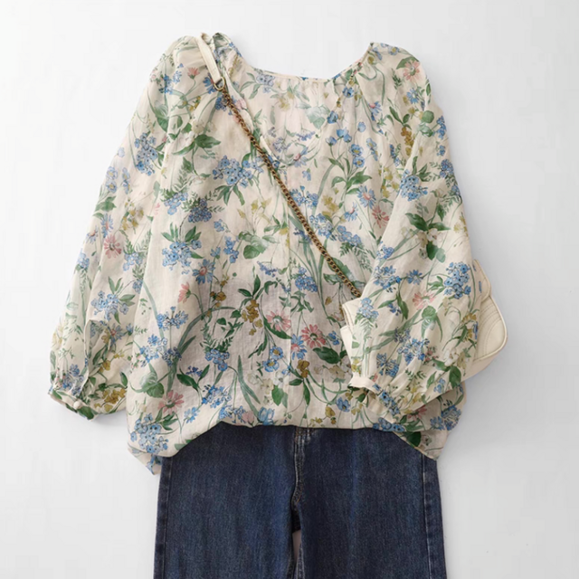 ブラウス、トップス、リネンコットン、春秋 、夏、長袖、プリント