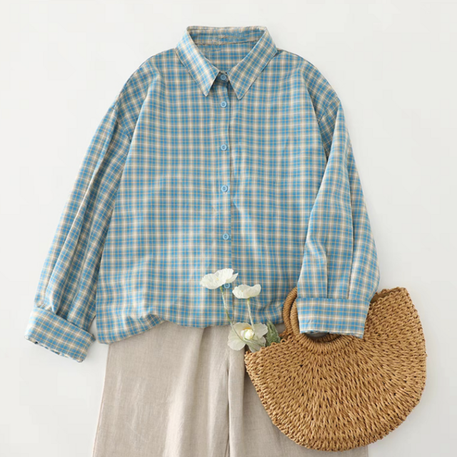 ブラウス、トップス、リネンコットン、春秋 、夏、長袖、チェック柄