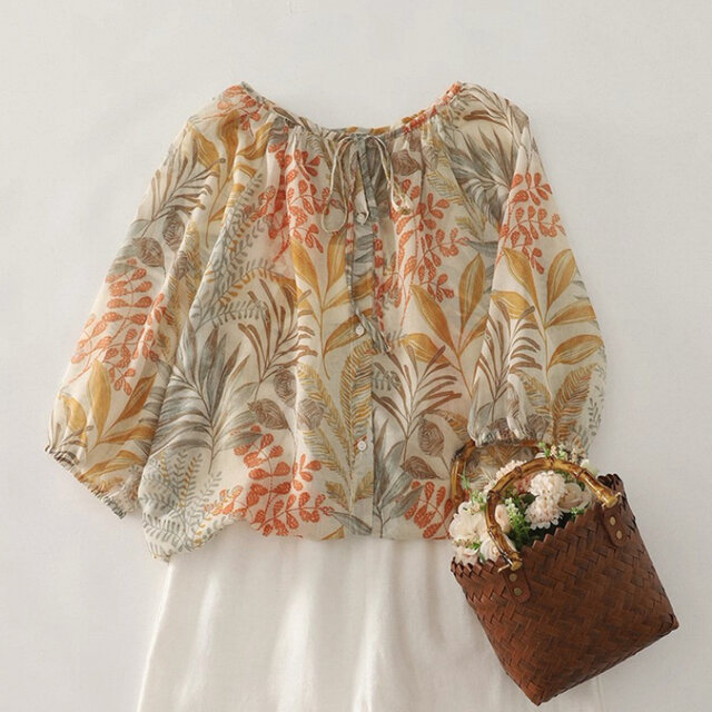 ブラウス、トップス、リネンコットン、夏