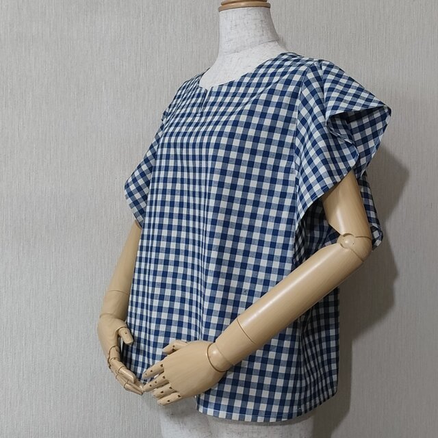 【SALE 30%OFF】ブルーギンガムチェック　フレアスリーブプルオーバー　綿100%