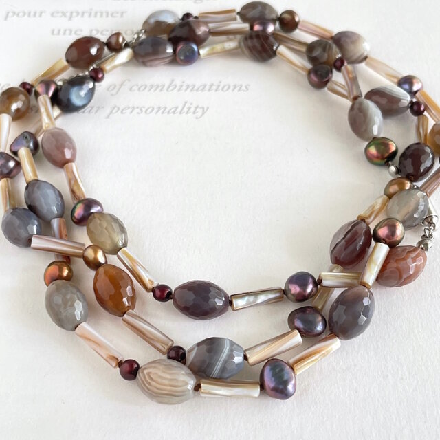 ボツワナアゲート・淡水パール・マザーオブパール 異素材を