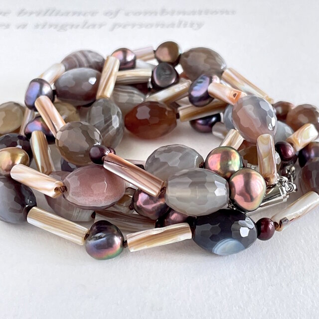 ボツワナアゲート・淡水パール・マザーオブパール 異素材を